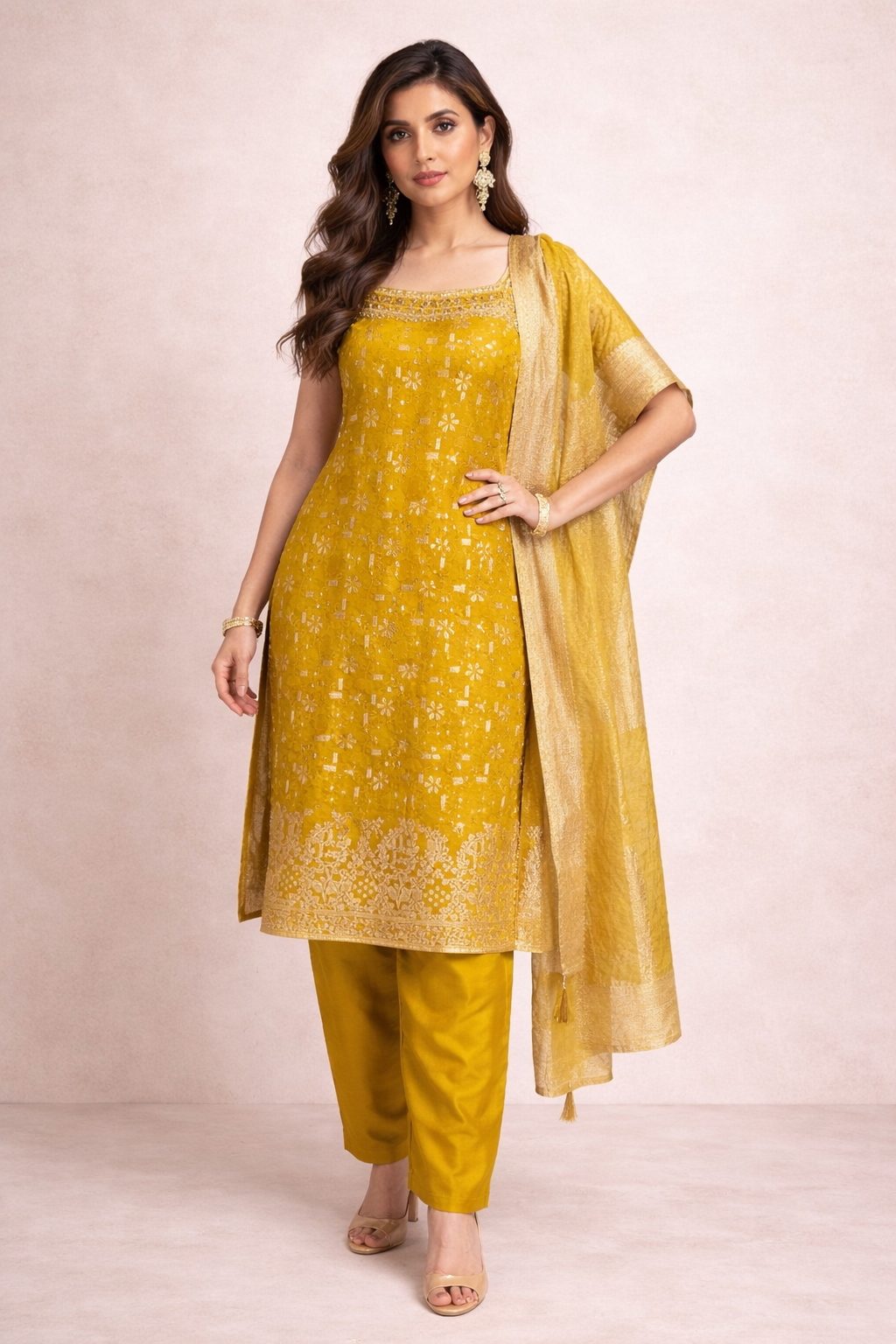 Mustard Yellow Silk Embroidered Kurta Set with Pants & Dupatta